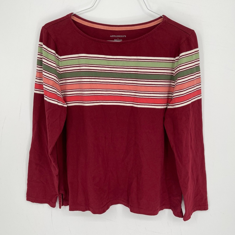 Appleseed's Women's Burgundy Striped Long Sleeve Crew Neck Top Size Large
